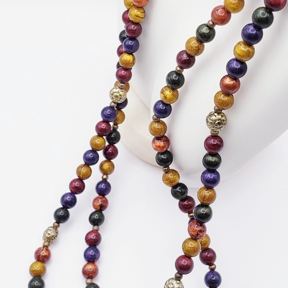 Double Strand Multi Color Beaded Necklace with Silver Floral Bead Accents - Picture 4 of 8